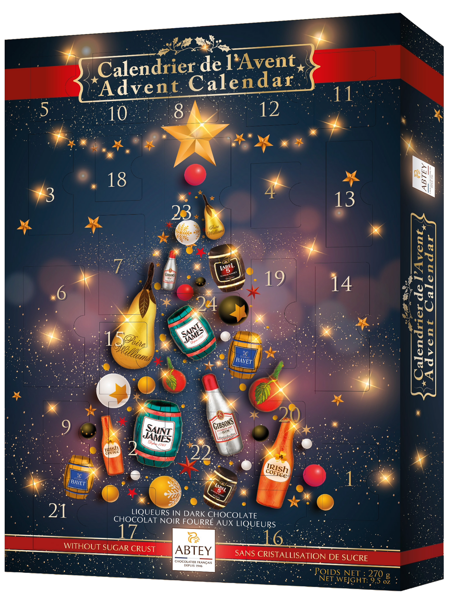 ABTEY Dark Chocolate Liqueur Advent Calendar 290g - 2025 Edition - Assortment of Marc de Champange, Cointreau, Label 5 Scotch Whiskey, CAMUS VSOP Cognac & others