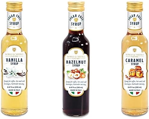 Premium Sugar Free Syrup Gift Set | Caramel Flavour | Hazelnut Flavour | Vanilla Flavour | Syrup for Coffee, Hot and Cold Beverages, Cocktail, Bartender Mixing | 3 x 250ml