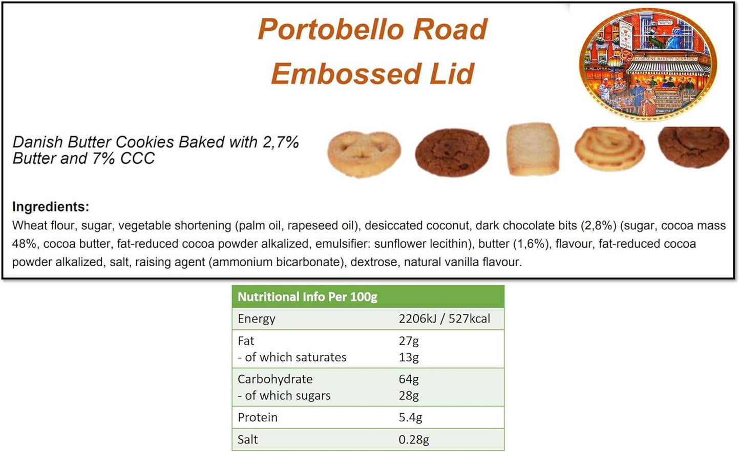 Jacobsens Danish Butter & Chocolate Chip Cookies Assortment in Embossed Baker Shop on Portobello Road London W11 Gift Tin - 400g