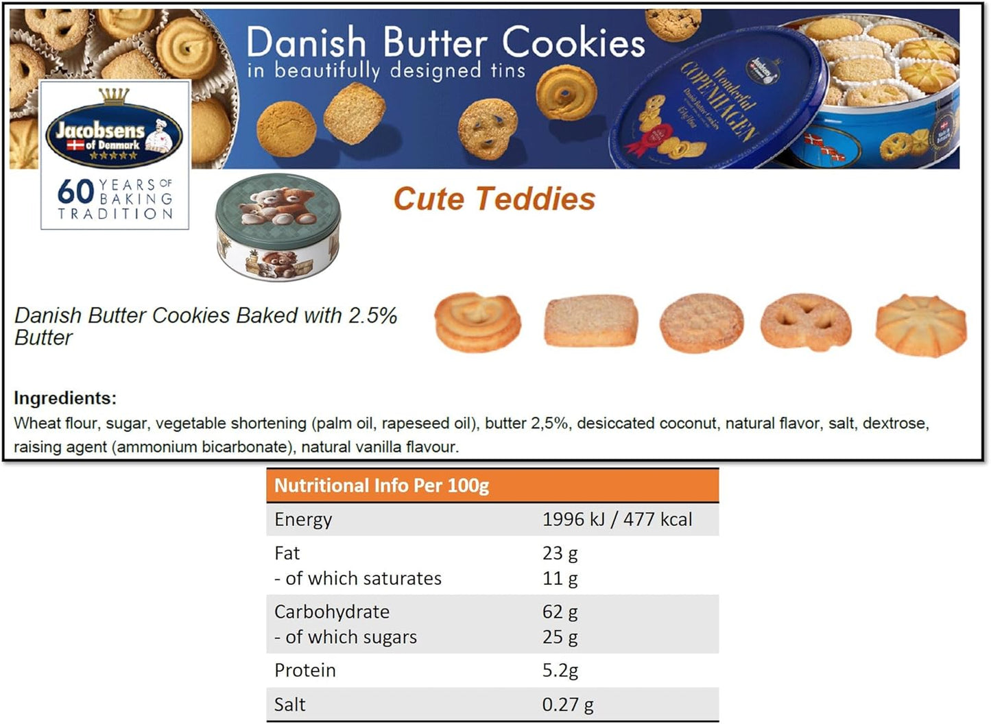 Jacobsen's of Denmark Danish Butter Cookies in Cute Teddies Tin 150g - SMALL TIN SIZE - Teddy Cuddle - Biscuit Gift for Women, Men & Kids - Mothers Day Gifts