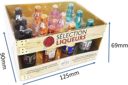 ABTEY Casier Selection Chocolate Liqueurs 155g - Label 5® Whiskey, Cointreau®, St James® Rum & Bayet Cognac - 12 Assorted Chocolate Liqueurs Bottles in a Crate