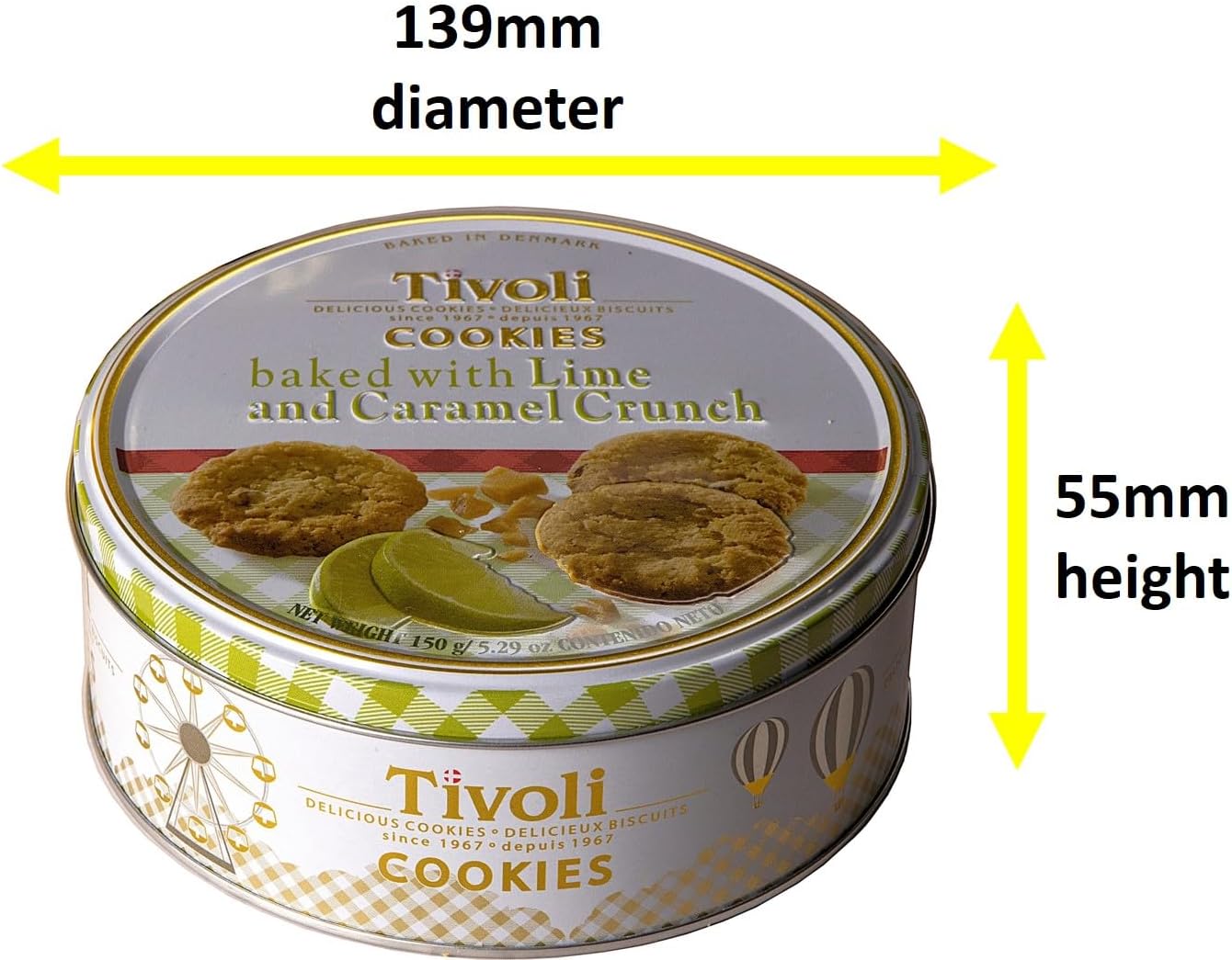 Jacobsens of Denmark Tivoli Cookies baked with Lime and Caramel Crunch 150g - SMALL Tin (139mm diameter x 55mm height) - Traditional Biscuit Tin Gift for Women, Men & Kids