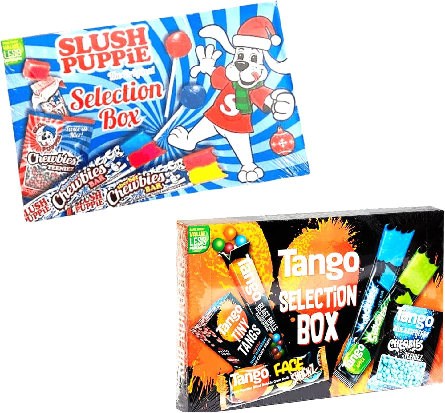 SLUSH PUPPiE and TANGO Selection Box Chewy Candy Lollipop Bubble Gum Sweets Mix - Fruit Flavour, Strawberry & Lemon, Blue Raspberry & Cherry, Apple & Orange, Vegan, Halal, Vegetarian (Pack of 2)