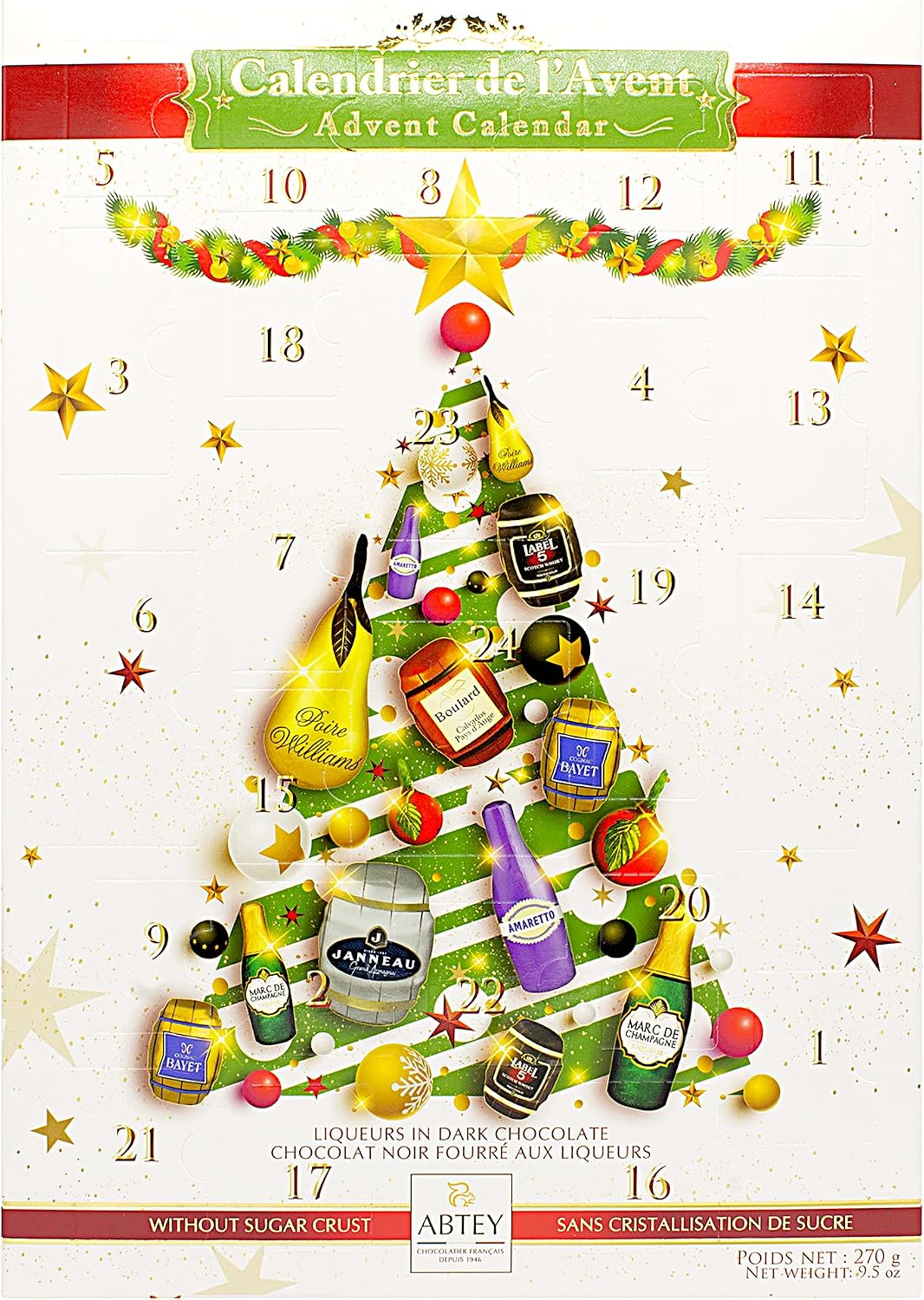 ABTEY EXCLUSIVE Dark Chocolate Liqueur Advent Calendar 2026 - Assortment of Marc de Champange, Label 5® Scotch Whiskey, Calvados Boulards®, Armagnac Janneau®, BAYET Cognac, Poire Williams - 270g