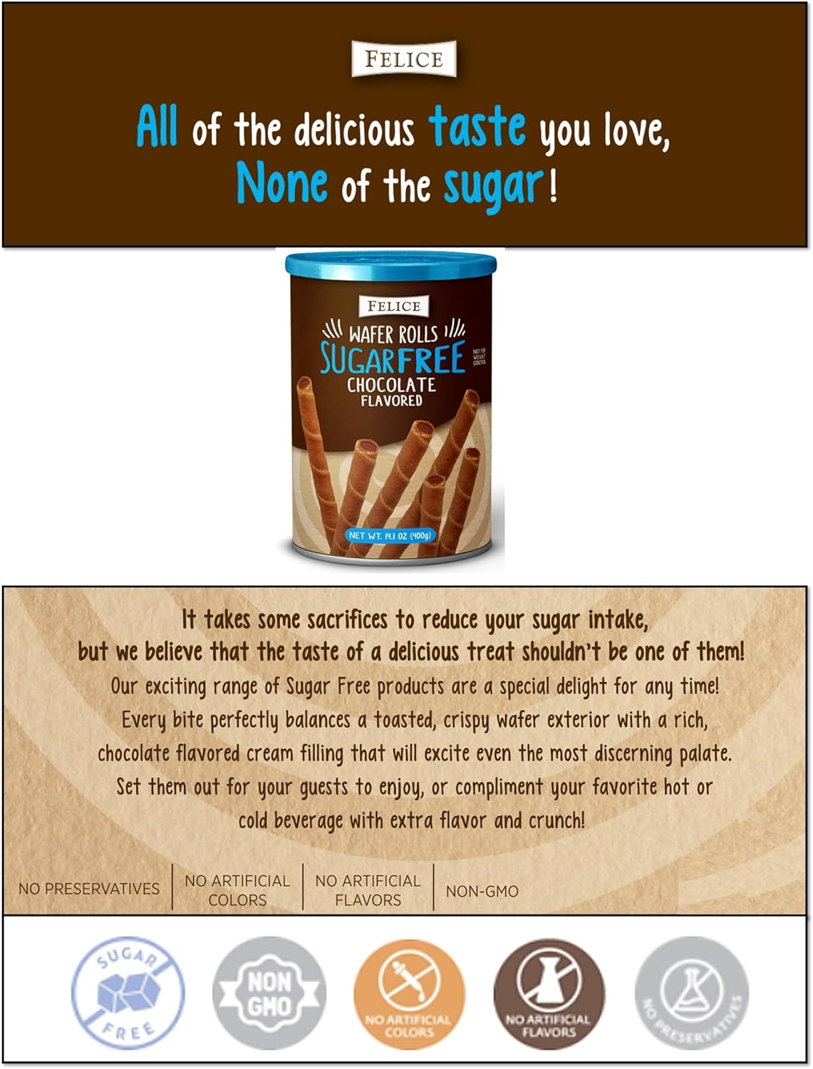 Felice Sugar Free Chocolate Flavoured Wafer Rolls 400g Tin