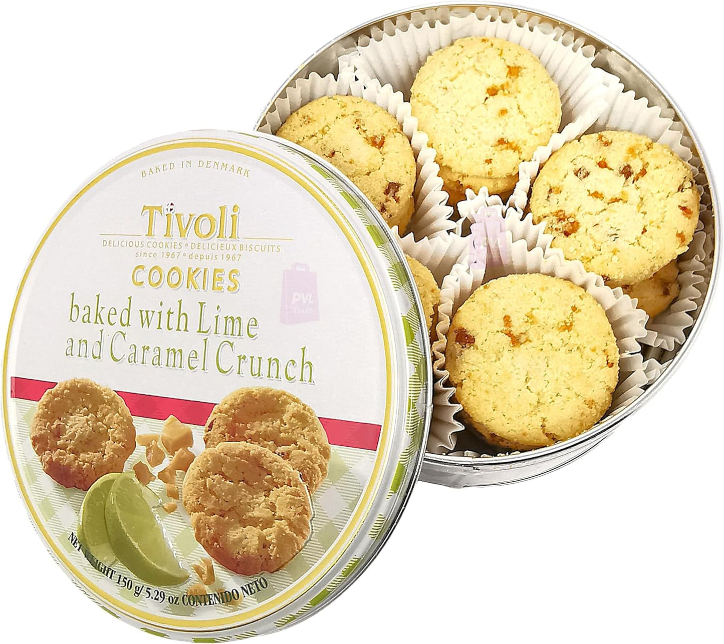 Jacobsens of Denmark Tivoli Cookies baked with Lime and Caramel Crunch 150g - SMALL Tin (139mm diameter x 55mm height) - Traditional Biscuit Tin Gift for Women, Men & Kids