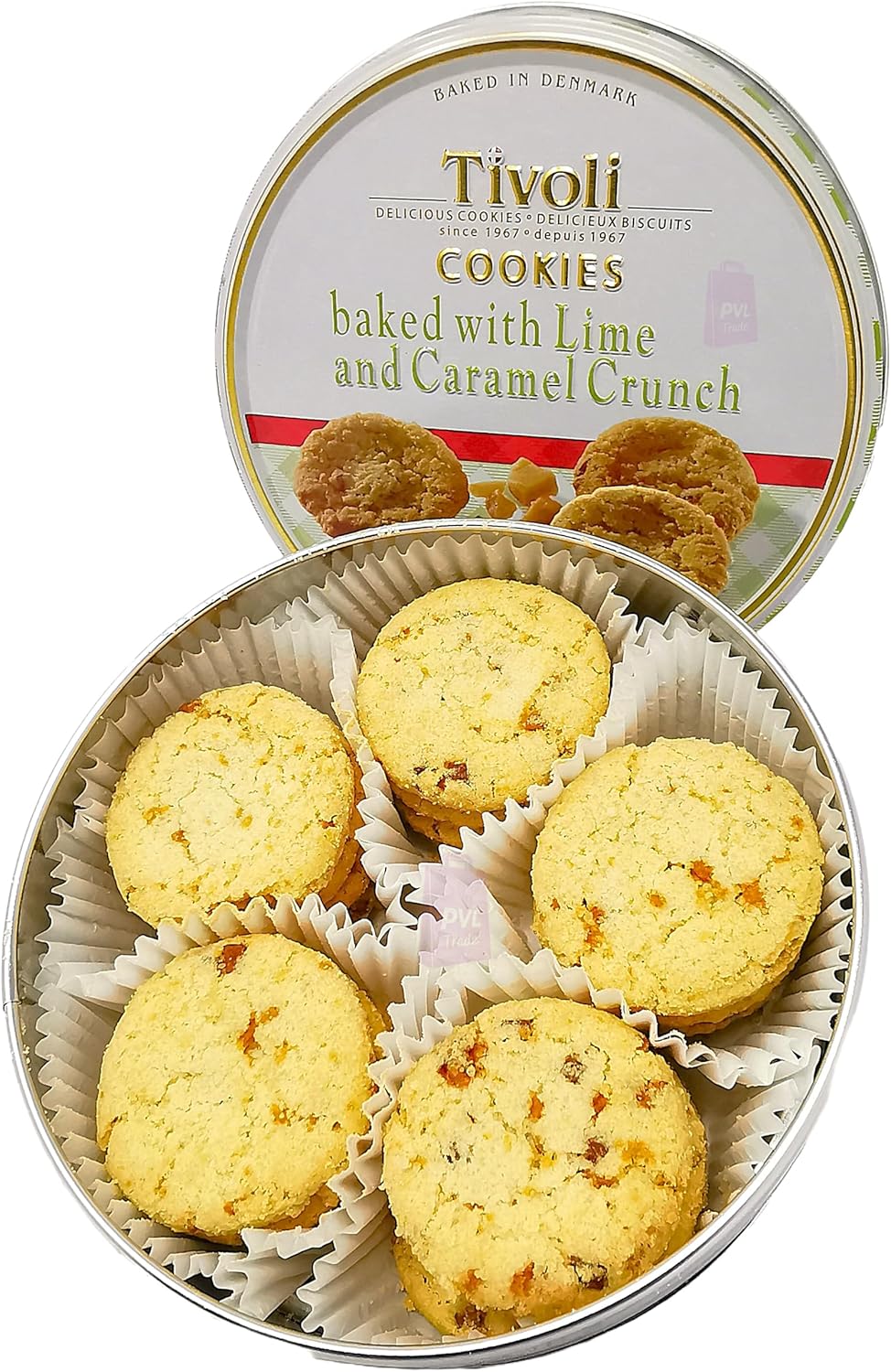 Jacobsens of Denmark Tivoli Cookies baked with Lime and Caramel Crunch 150g - SMALL Tin (139mm diameter x 55mm height) - Traditional Biscuit Tin Gift for Women, Men & Kids