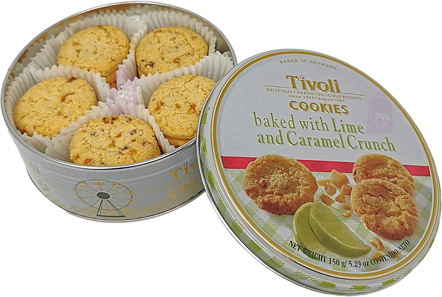 Jacobsens of Denmark Tivoli Cookies baked with Lime and Caramel Crunch 150g - SMALL Tin (139mm diameter x 55mm height) - Traditional Biscuit Tin Gift for Women, Men & Kids