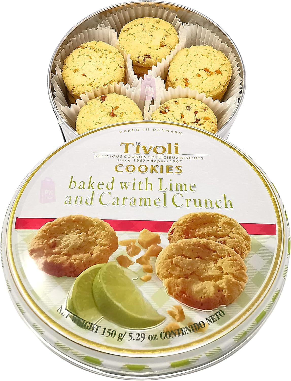 Jacobsens of Denmark Tivoli Cookies baked with Lime and Caramel Crunch 150g - SMALL Tin (139mm diameter x 55mm height) - Traditional Biscuit Tin Gift for Women, Men & Kids