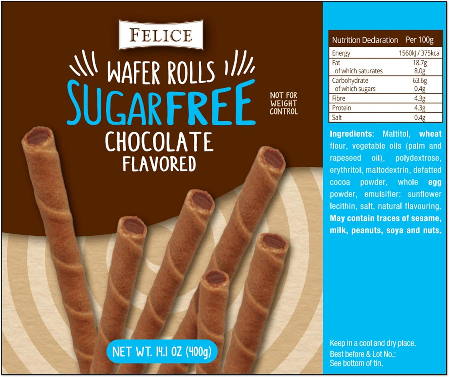 Felice Sugar Free Chocolate Flavoured Wafer Rolls 400g Tin