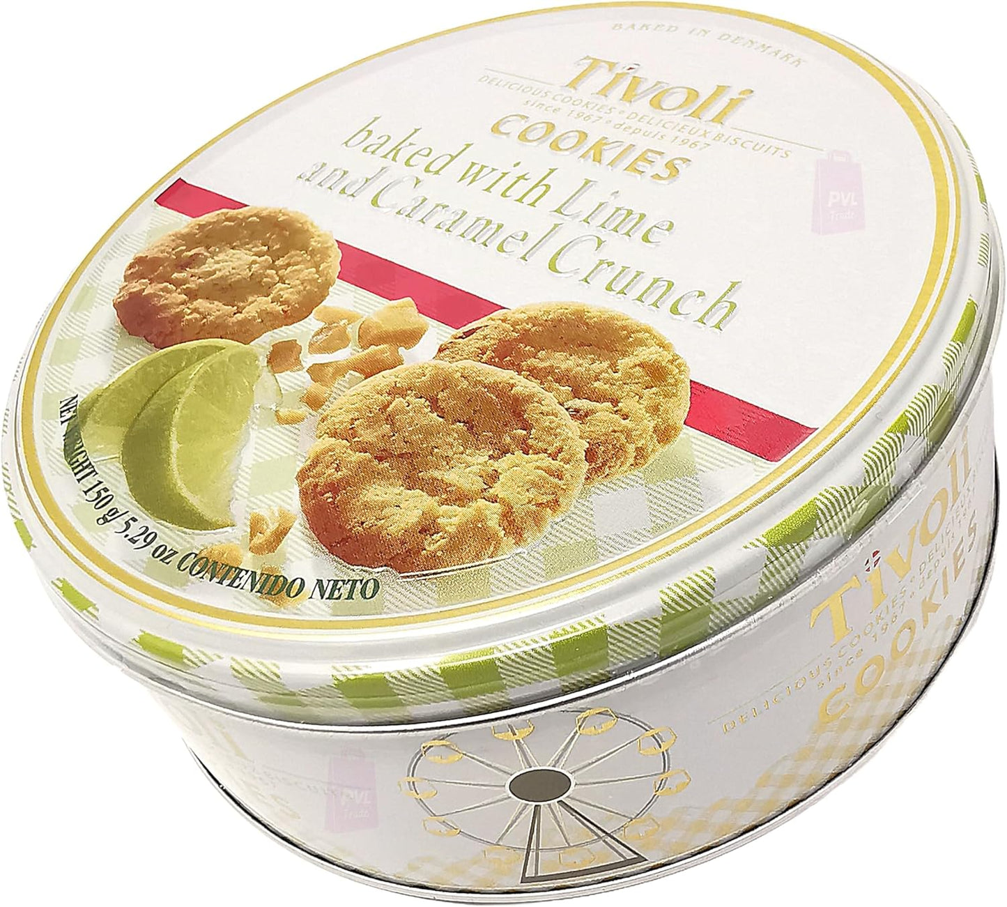 Jacobsens of Denmark Tivoli Cookies baked with Lime and Caramel Crunch 150g - SMALL Tin (139mm diameter x 55mm height) - Traditional Biscuit Tin Gift for Women, Men & Kids