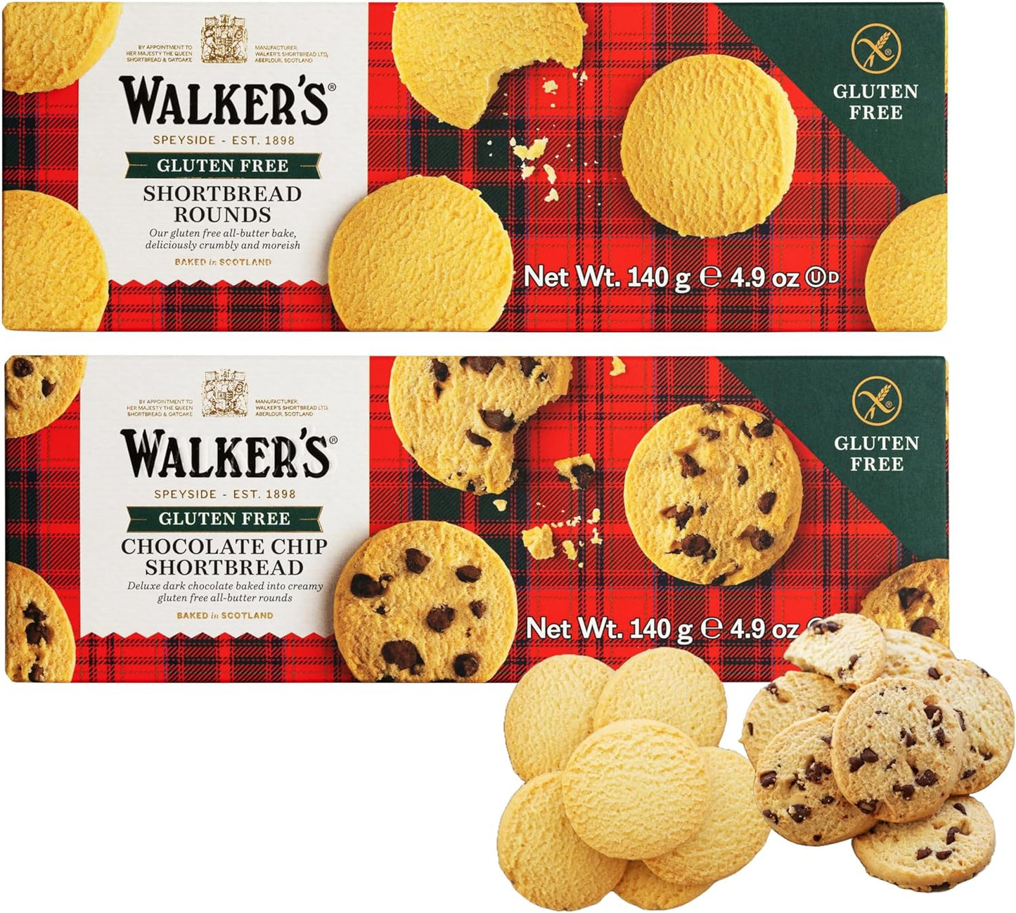 Walkers Gluten Free All Butter Shortbread Rounds and Chocolate Chip Shortbread Rounds (2 x 140g) Suitable for Vegetarians and Kosher