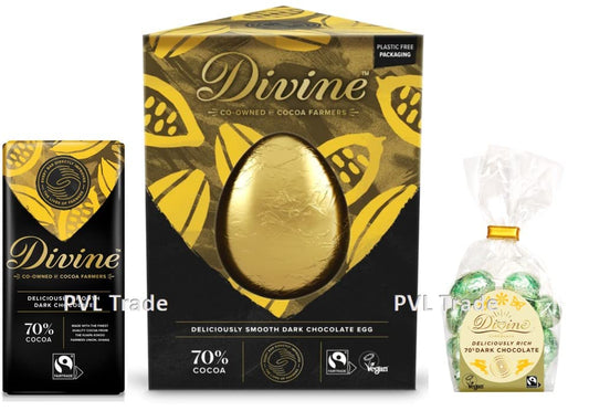 Vegan Chocolate - Divine Dark Chocolate Easter Egg 90g, Dark Mini Eggs 152g & Dark Chocolate Bar 90g - Easter Gifts