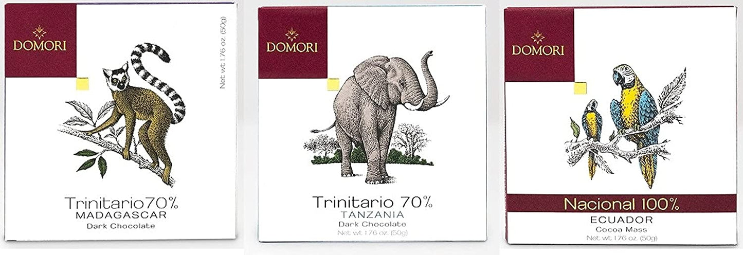 Domori Dark Chocolate Variety Selection - Ecuador 100% Cocoa Mass (50g), Sambirano 70% Dark Chocolate (50g) and Morogoro 70% Dark Chocolate (50g)