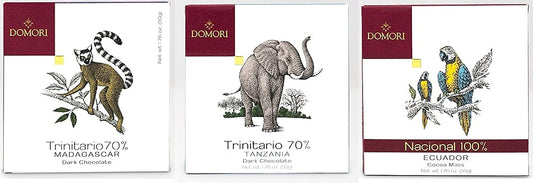 Domori Dark Chocolate Variety Selection - Ecuador 100% Cocoa Mass (50g), Sambirano 70% Dark Chocolate (50g) and Morogoro 70% Dark Chocolate (50g)