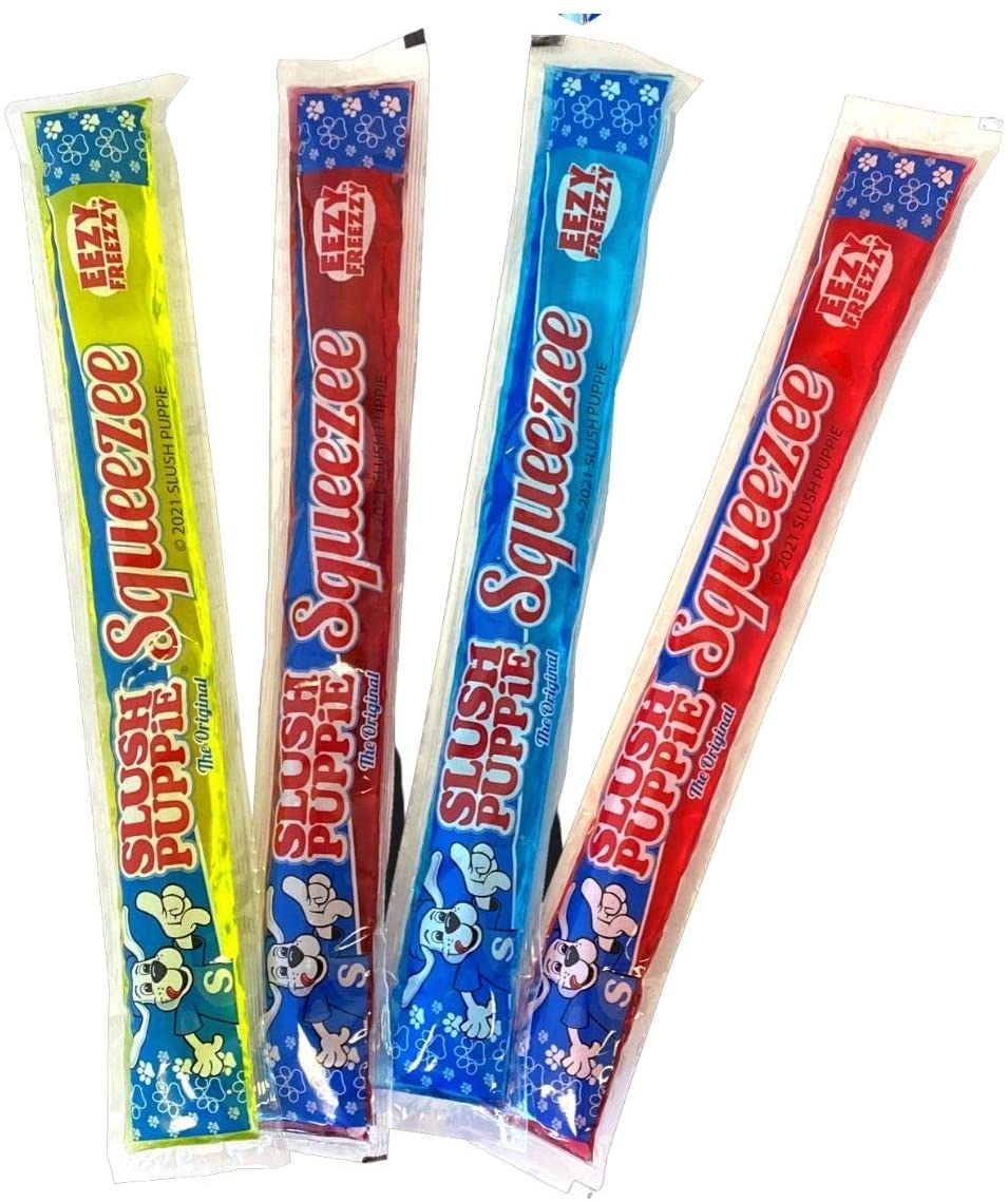 Slush Puppie The Original Squeezee Freeze Pops Ice Lolly Poles - 3 X (10 x 60mls) Red Cherry, Lemon &Lime, Strawberry and Blue Raspberry - Vegetarian, Vegan and Gluten Free - 30 Total