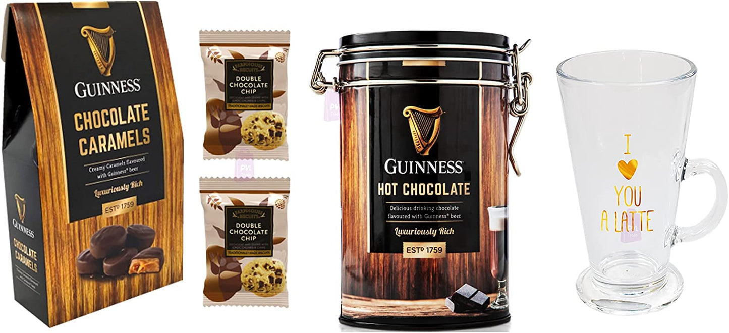 Hamper Gifts for Men and Women | Guinness Hot Chocolate, Farmhouse Choc Chip Cookies, Guinness Chocolate Caramels & Latte Glass Mug | Valentines Day