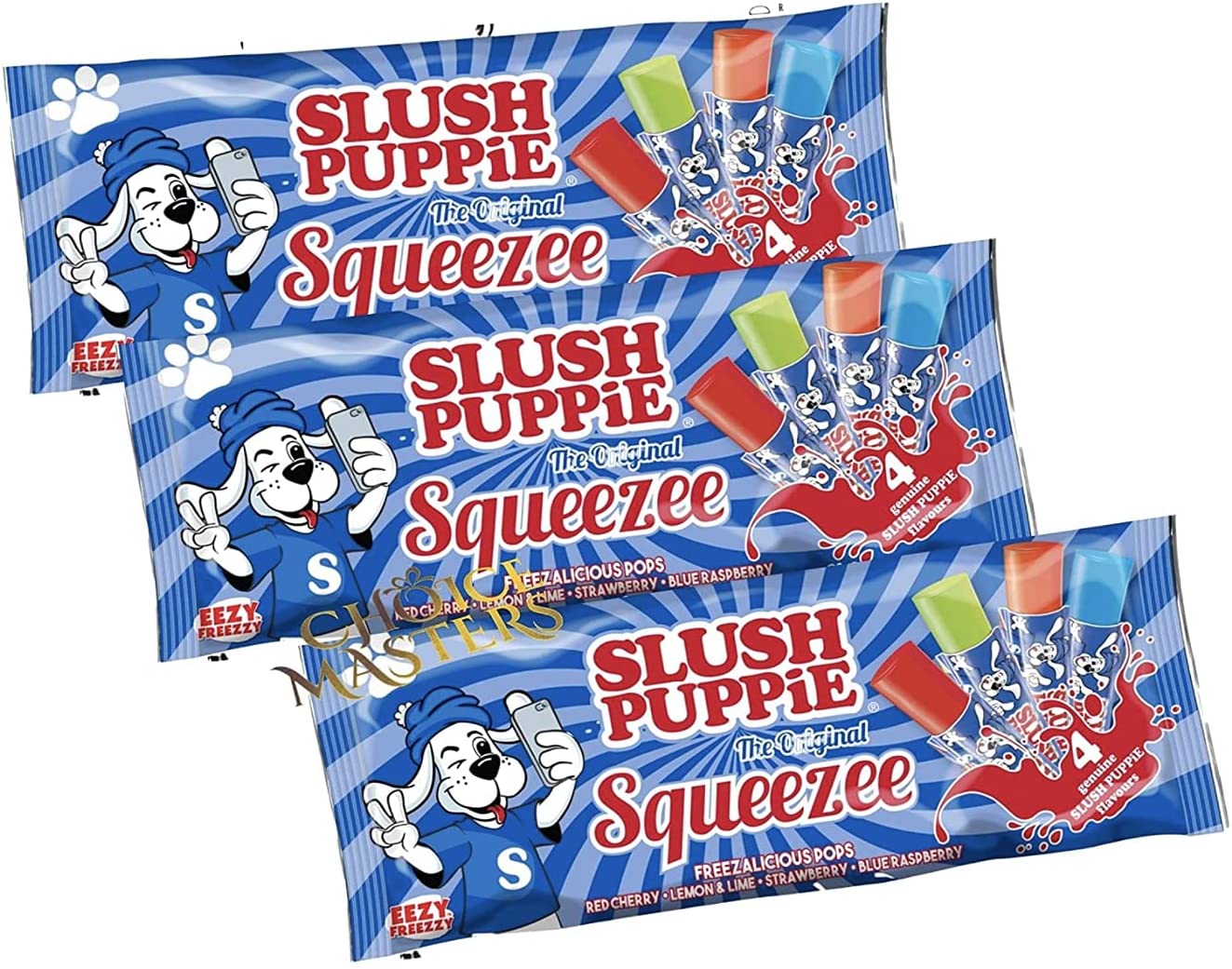Slush Puppie The Original Squeezee Freeze Pops Ice Lolly Poles - 3 X (10 x 60mls) Red Cherry, Lemon &Lime, Strawberry and Blue Raspberry - Vegetarian, Vegan and Gluten Free - 30 Total