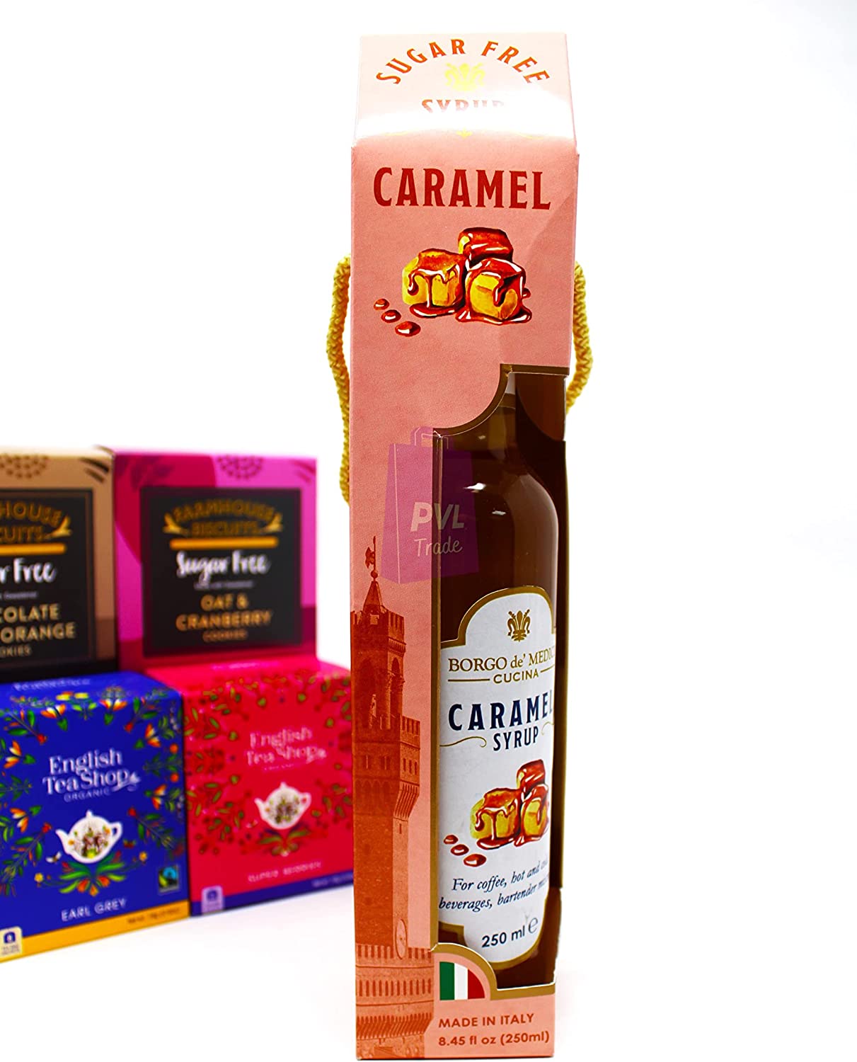 Sugar Free Farmhouse Biscuits, Sugar Free Tea/Coffee/Mixers Syrups & Organic Tea Bags - Gift Set