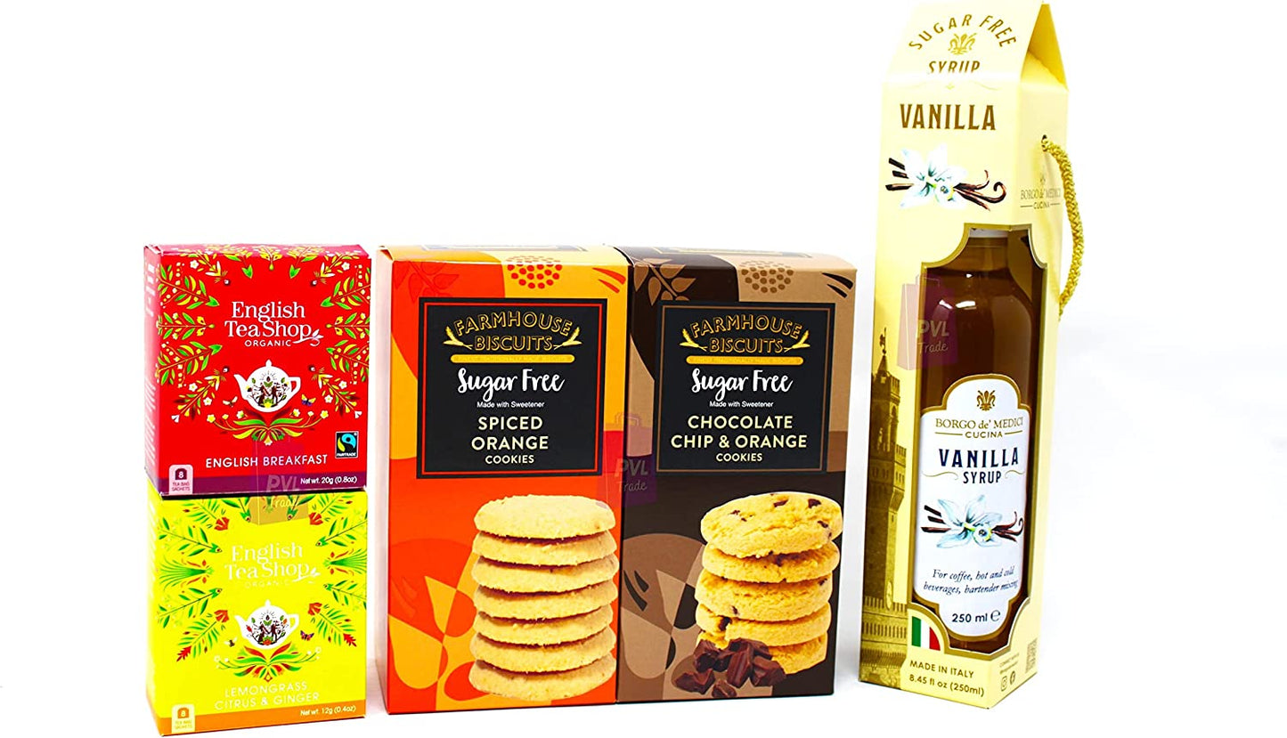 Sugar Free Farmhouse Biscuits, Sugar Free Tea/Coffee/Mixers Syrups & Organic Tea - Gift Set