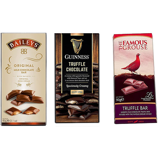 Milk Chocolate Variety Pack - Bailey's (90g), Guinness Truffle (90g), The Famous Grouse Truffle (90g)