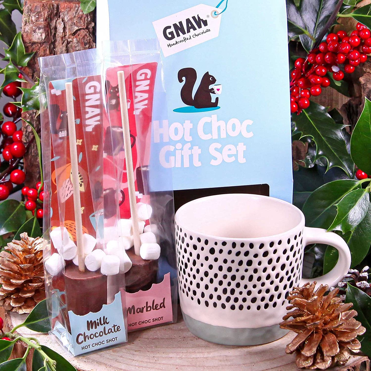 Gnaw Hot Choc Gift Set - Gnawsome Mug & "Made without GLUTEN" Hot Chocolate Stirrers (Marbled & Milk) with Mini Marshmallows.