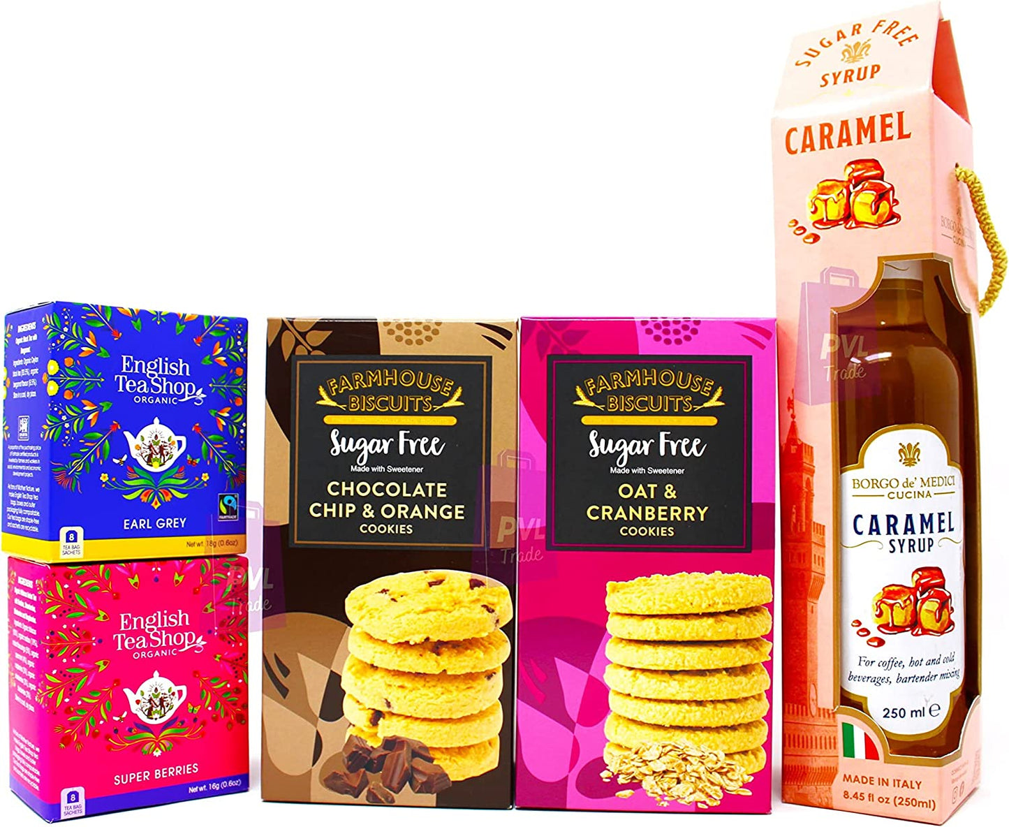 Sugar Free Farmhouse Biscuits, Sugar Free Tea/Coffee/Mixers Syrups & Organic Tea Bags - Gift Set