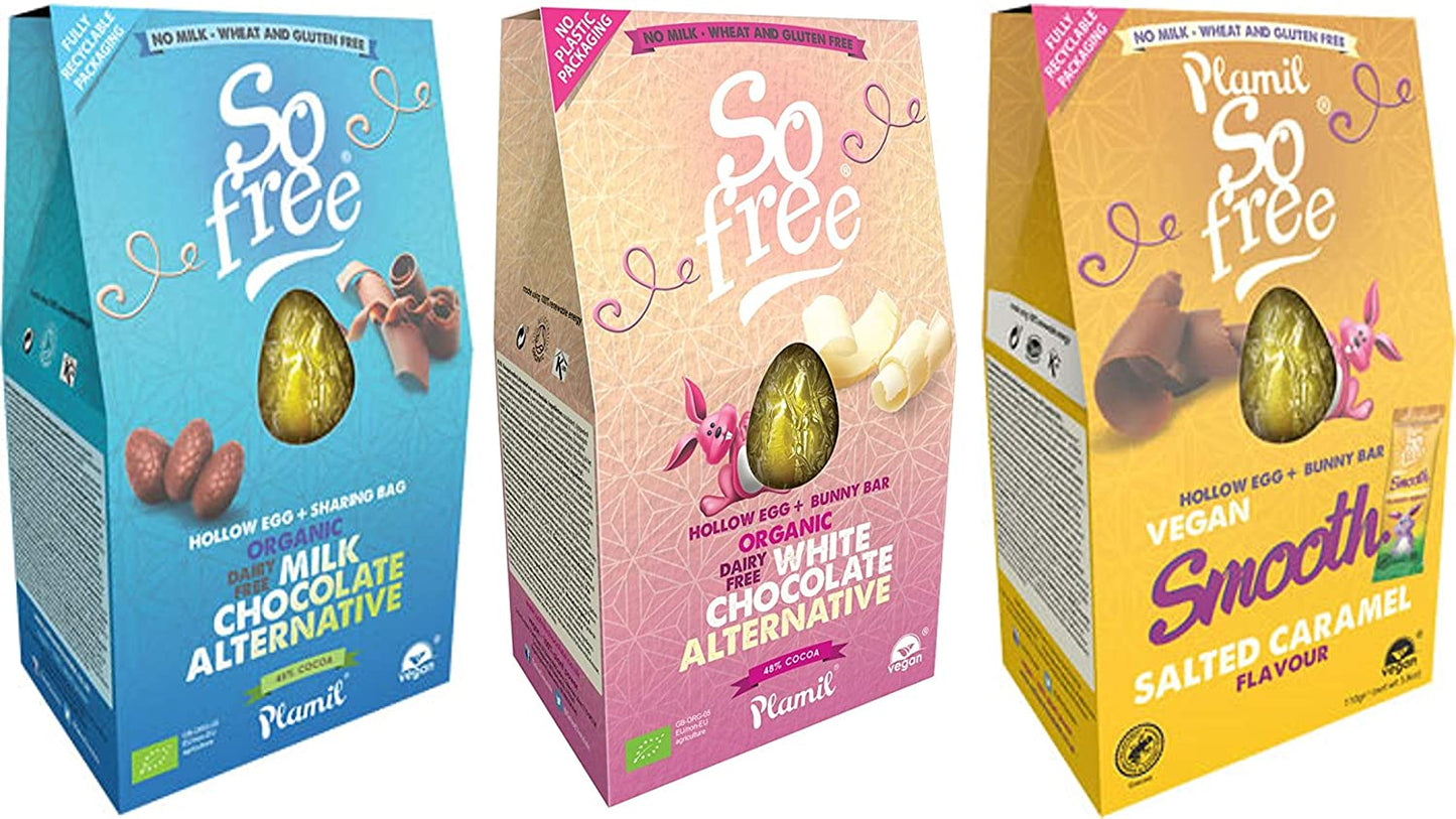 So Free Chocolate Easter Egg Collection by Plamil (Milk, White & Salted Caramel) - Vegan - Organic - Gluten Free - Dairy Free - Wheat Free - Suitable for Coeliacs