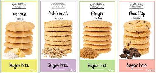 Farmhouse Sugar Free Cookies Selection - Viennese Shorties, Oat Crunch Cookies, Ginger Cookies & Choc Chip Cookies