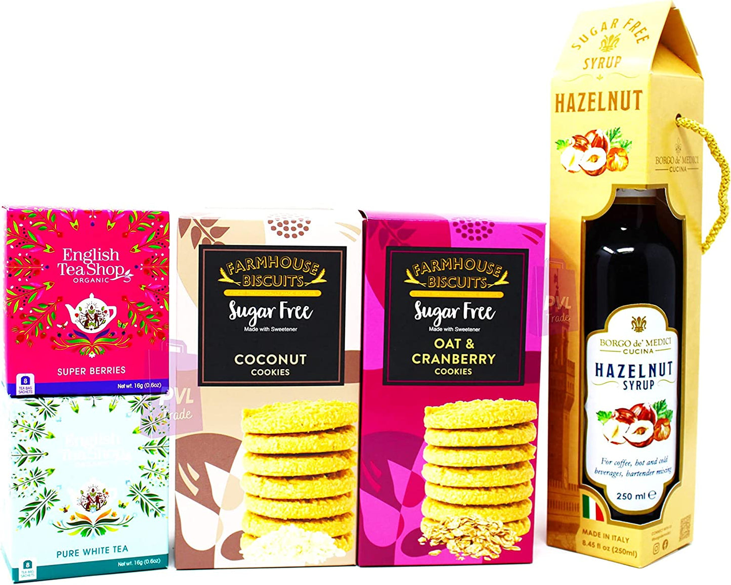 Sugar Free Farmhouse Biscuits, Sugar Free Tea/Coffee/Mixers Syrups & Organic Teas - Gift Set