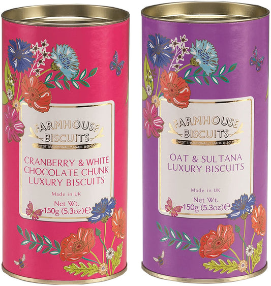 Farmhouse Biscuits Meadow Flowers Tube Collection - Cranberry & White Choc 150g and Oat & Sultana 150g