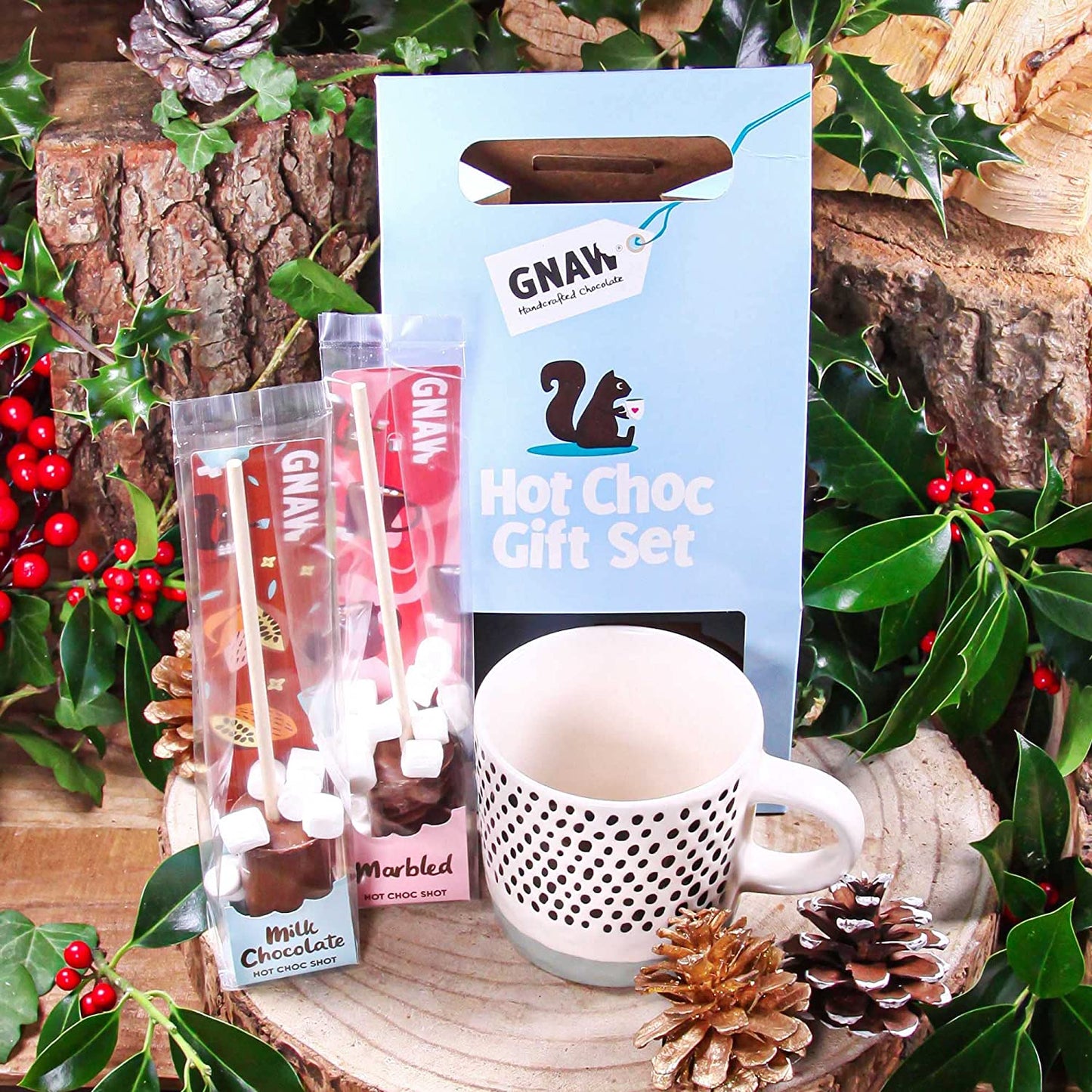 Gnaw Hot Choc Gift Set - Gnawsome Mug & "Made without GLUTEN" Hot Chocolate Stirrers (Marbled & Milk) with Mini Marshmallows.