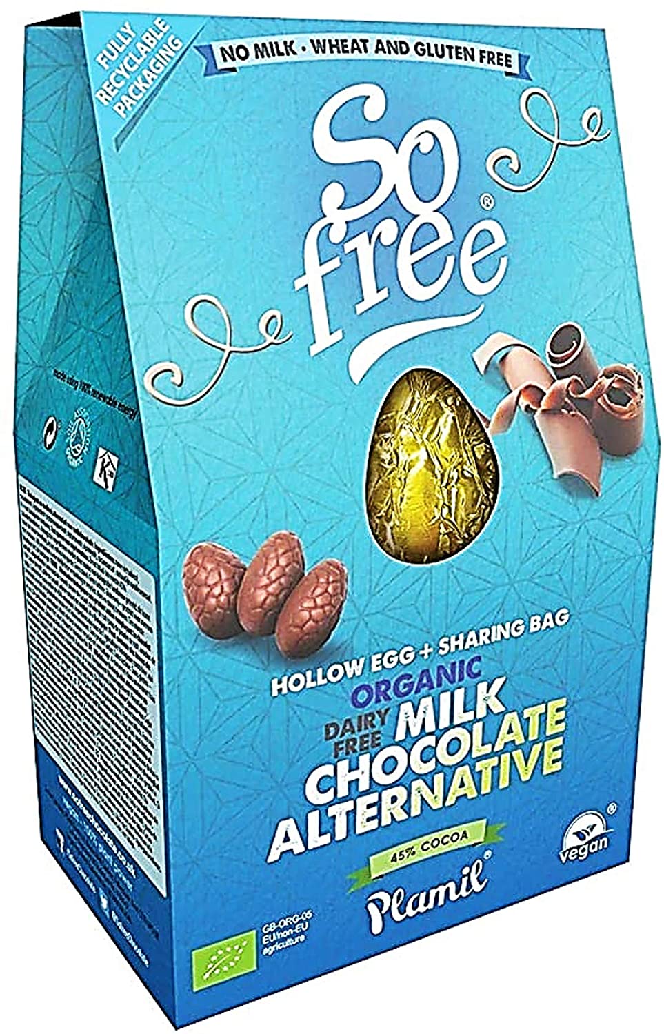 So Free Organic Milk Chocolate Alternative Vegan Easter Egg with Sharing Bag - Dairy Free - Gluten Free - Wheat Free - Suitable for Coeliacs - 125g