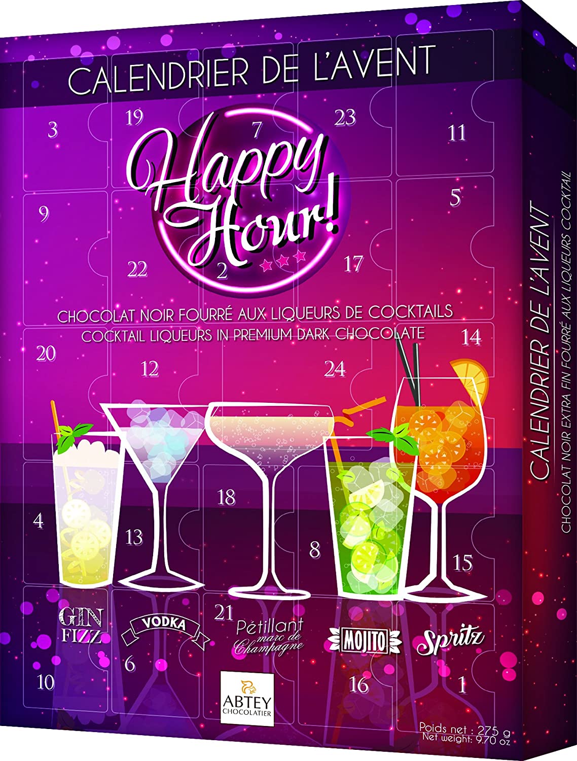 Abtey Chocolatier Happy Hour Cocktail Liqueurs in Premium Dark Chocolate 24 Days Advent Calendars, Purple, 279 g
