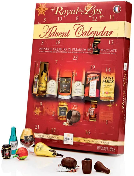 Abtey Chocolatier Royal des Lys Prestige Liqueurs in Premium Dark Chocolate 24 Days Advent Calendar, Red, 290 g