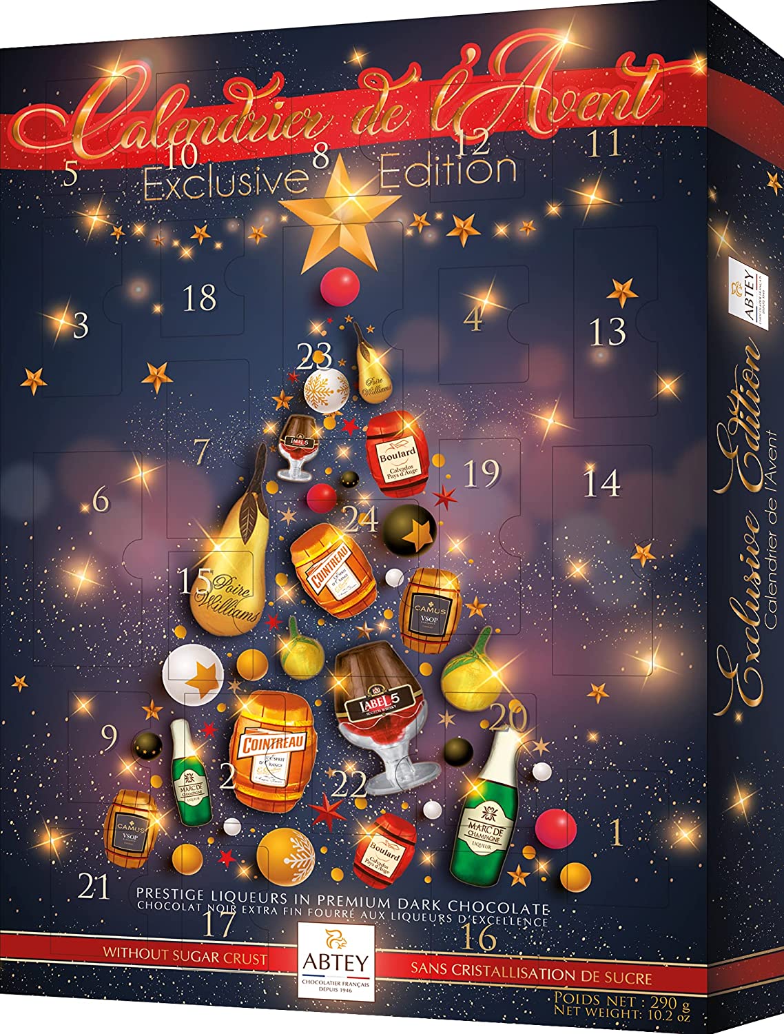 ABTEY Dark Chocolate Liqueur Advent Calendar 290g - 2021 Limited Edition - Assortment of Marc de Champange, Cointreau, Label 5 Scotch Whiskey, CAMUS VSOP Cognac & others