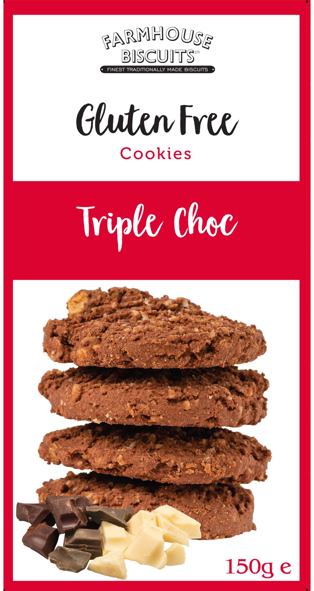 Farmhouse Biscuits Gluten Free Hamper - Triple Choc Cookies 150g, Spicy Stem Ginger 150g, Honey & Oat Gift Tube 150g