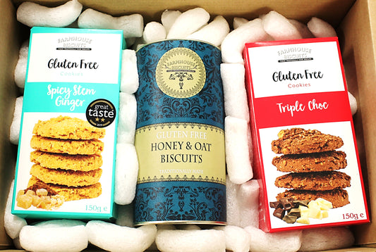 Farmhouse Biscuits Gluten Free Hamper - Triple Choc Cookies 150g, Spicy Stem Ginger 150g, Honey & Oat Gift Tube 150g
