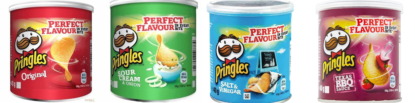 Pringles Mini Selection Tubes (12x40g) - Sour Cream & Onion, Salt & Vinegar, Original and Texas BBQ Sauce