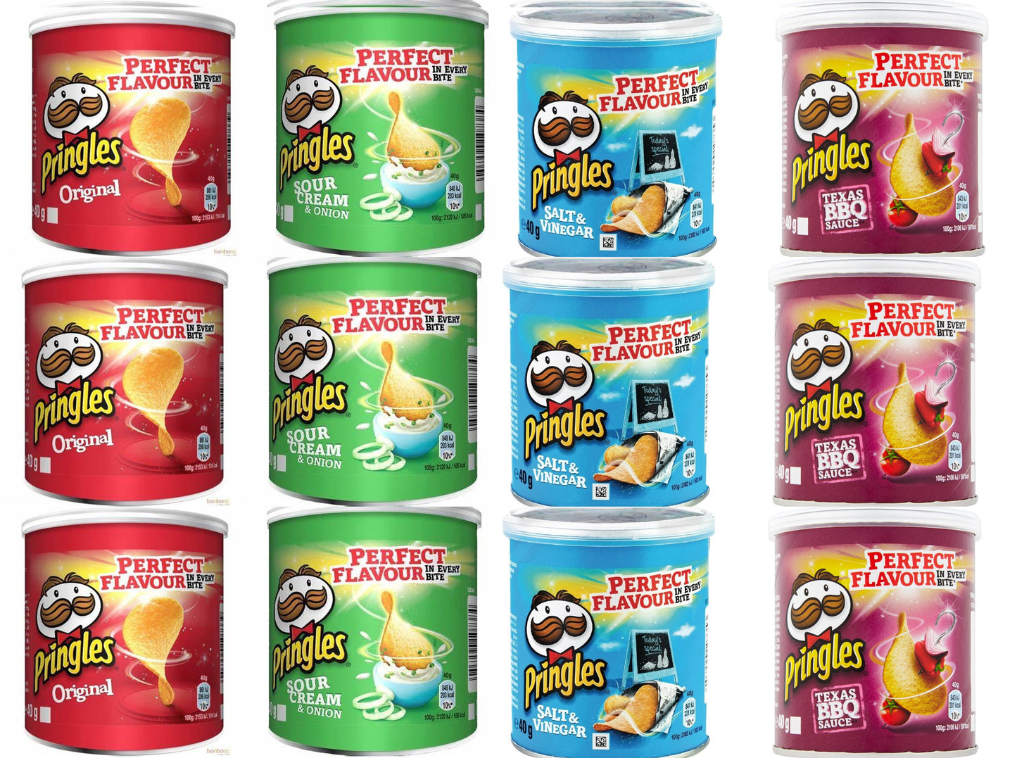 Pringles Mini Selection Tubes (12x40g) - Sour Cream & Onion, Salt & Vinegar, Original and Texas BBQ Sauce