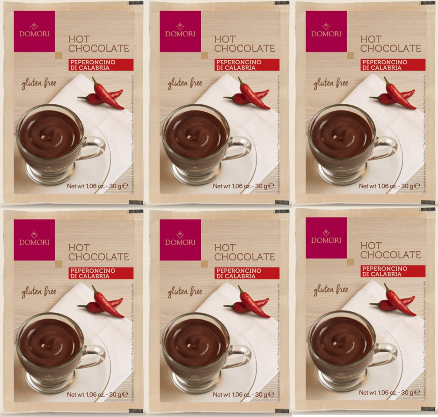 Domori Calabrian Chilli Pepper Hot Chocolate Sachets - Pack of 6 (6x30g)