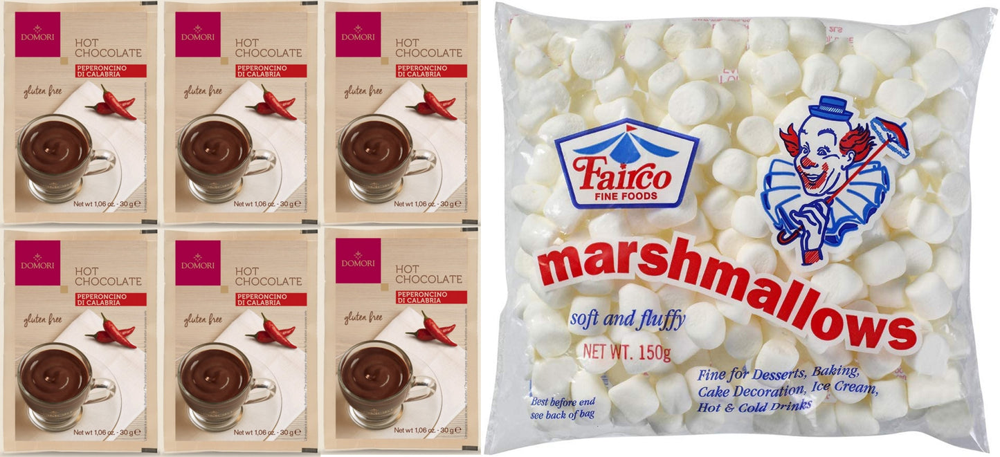 Domori Calabrian Chilli Pepper Hot Chocolate 6 Pack (6x30g) with Fairco Mini White Marshmallows (150g)