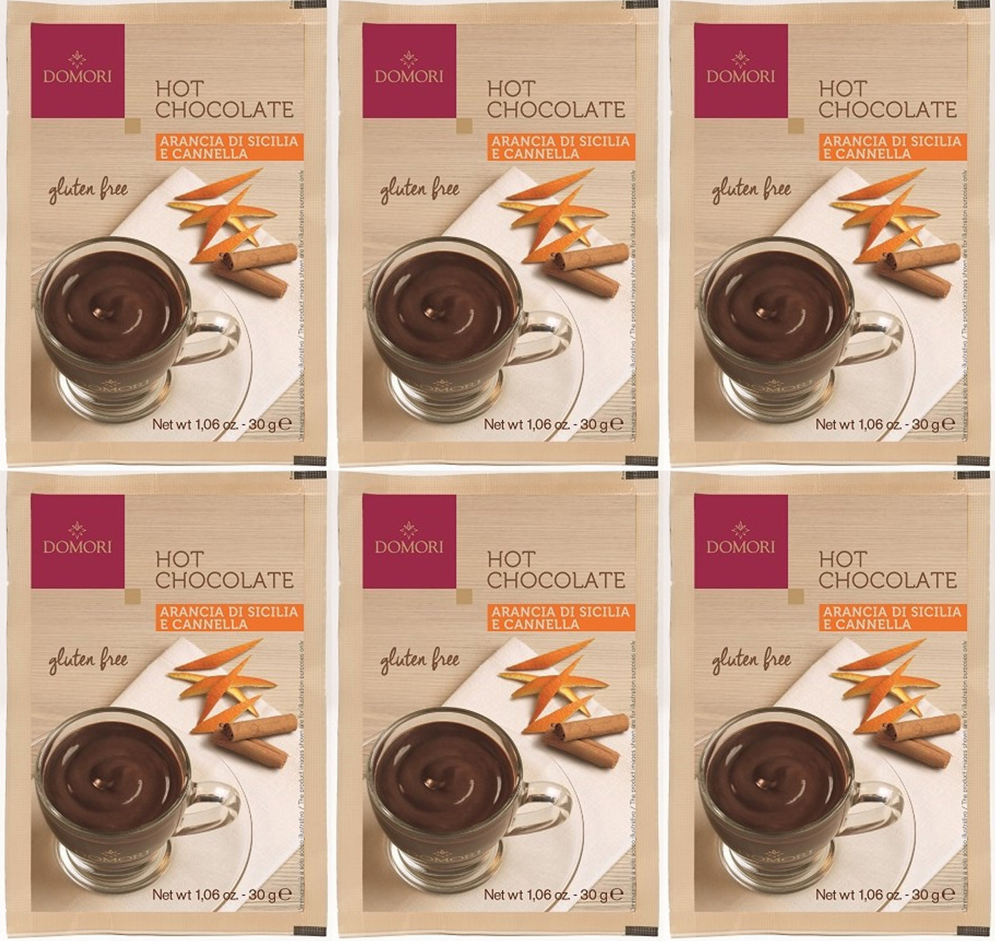 Domori Gluten Free Hot Chocolate Sachets - Sicilian Orange and Cinnamon (Pack of 6, 6x30g)