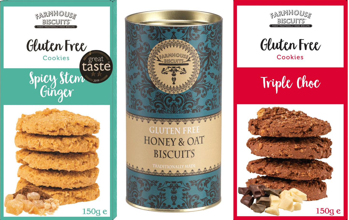 Farmhouse Biscuits Gluten Free Hamper - Triple Choc Cookies 150g, Spicy Stem Ginger 150g, Honey & Oat Gift Tube 150g