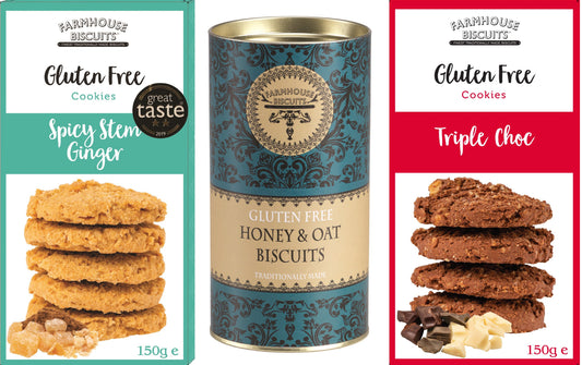 Farmhouse Biscuits Gluten Free Hamper - Triple Choc Cookies 150g, Spicy Stem Ginger 150g, Honey & Oat Gift Tube 150g