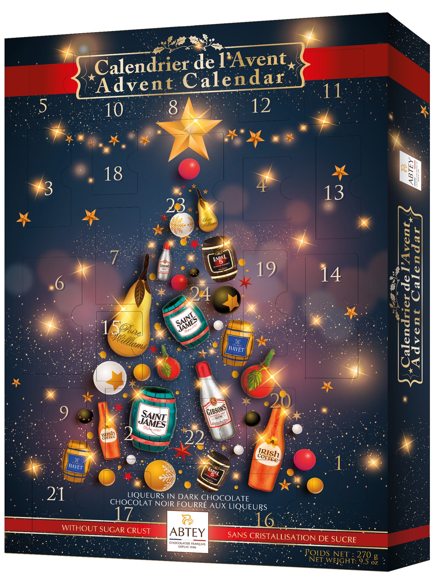 ABTEY Dark Chocolate Liqueur Advent Calendar 290g - 2025 Edition - Assortment of Marc de Champange, Cointreau, Label 5 Scotch Whiskey, CAMUS VSOP Cognac & others