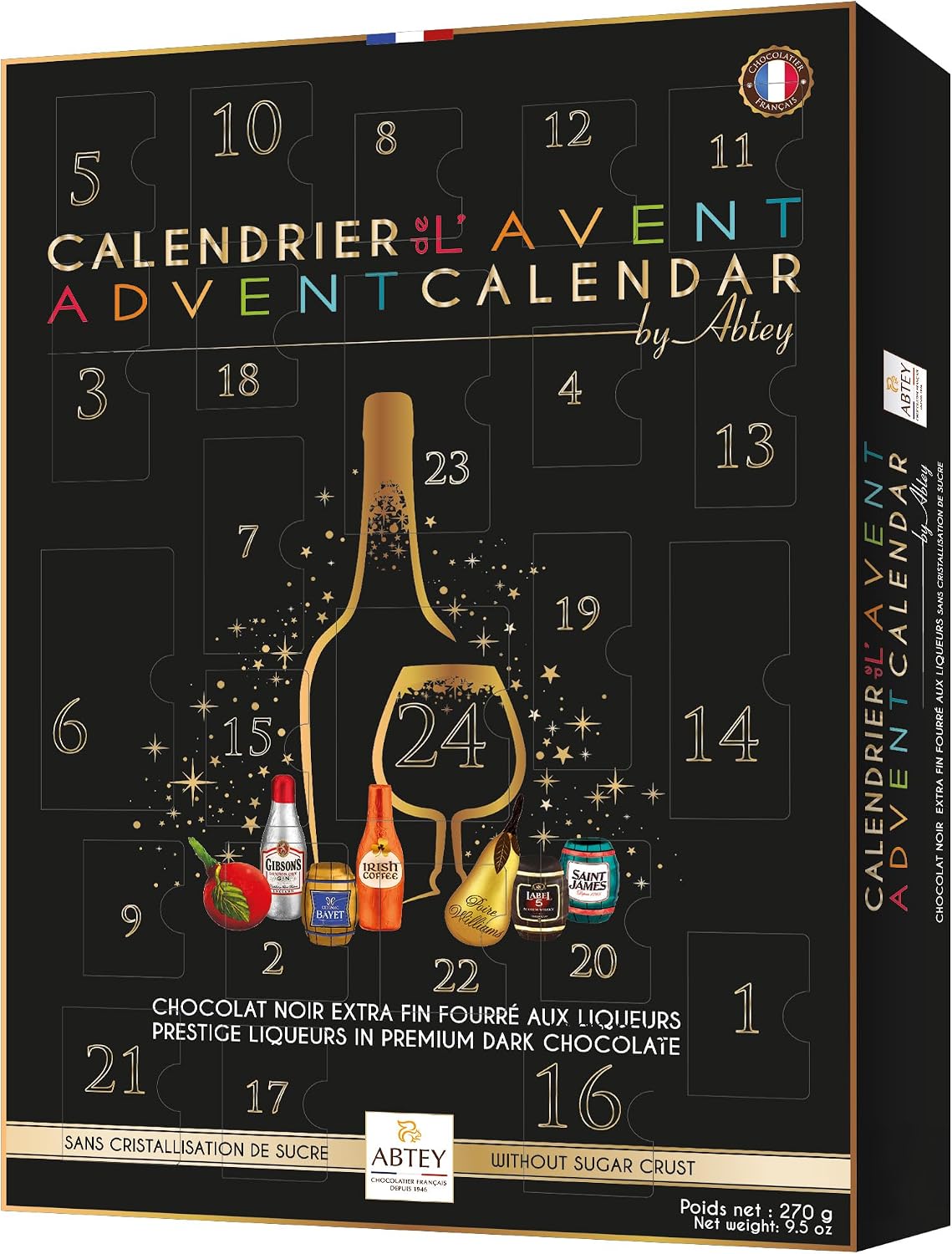 ABTEY Prestige Chocolate Liqueur Advent Calendar 270g - with Liqueurs including Label 5® Scotch Whiskey, Gibson Gin®, Saint James® Rum, Irish Coffee, BAYET Cognac etc.