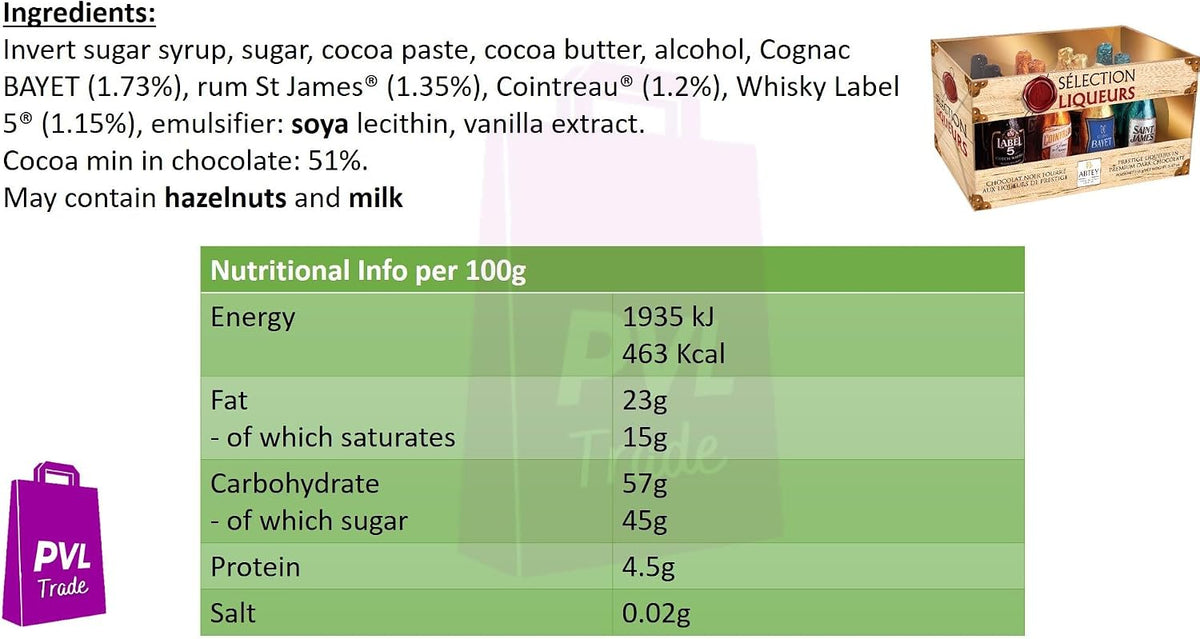 ABTEY Casier Selection Chocolate Liqueurs 155g - Label 5® Whiskey, Cointreau®, St James® Rum & Bayet Cognac - 12 Assorted Chocolate Liqueurs Bottles in a Crate