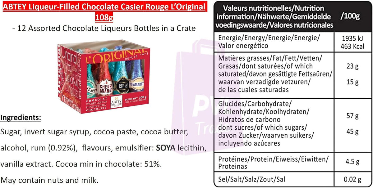 Abtey Chocolate Casier Rouge l’Original 108g - 12 Assorted Chocolate Liqueurs Bottles in a Crate