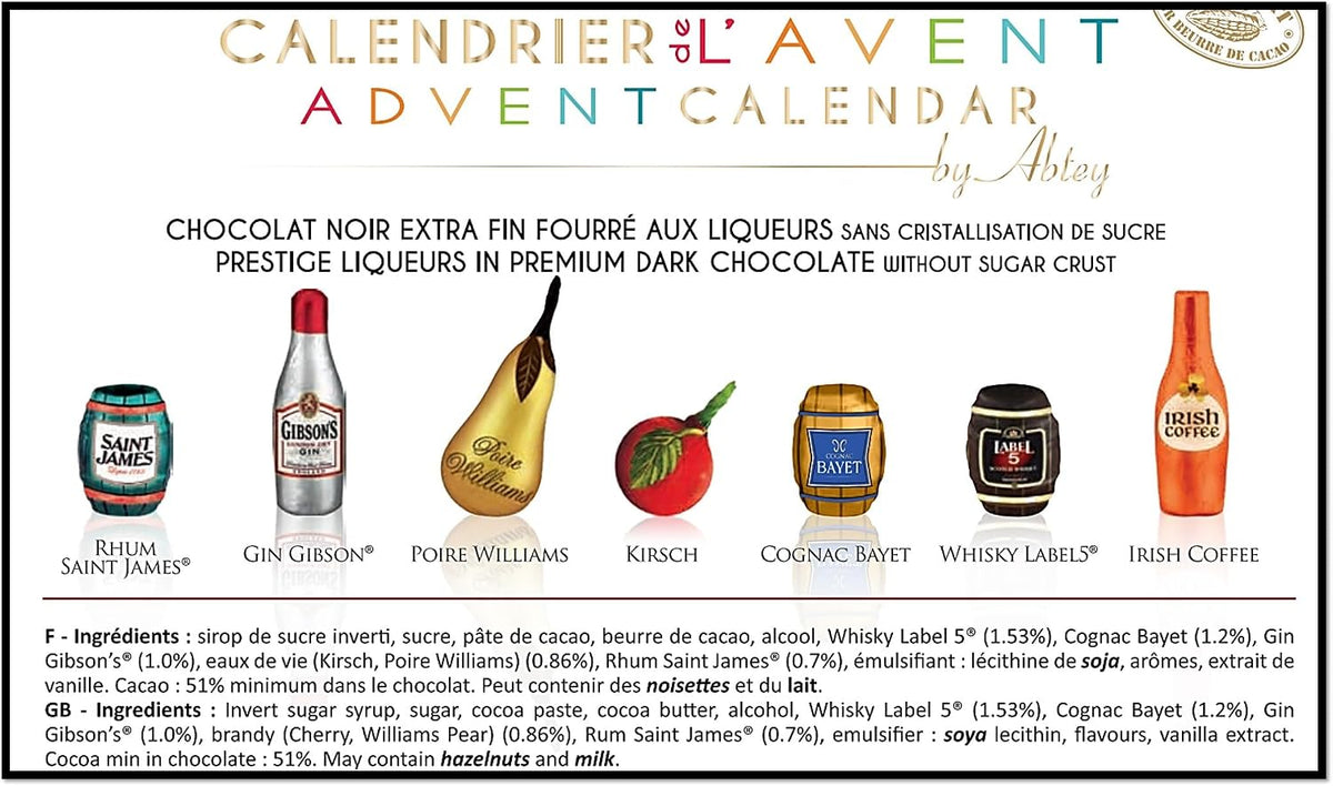ABTEY Prestige Chocolate Liqueur Advent Calendar 270g - with Liqueurs including Label 5® Scotch Whiskey, Gibson Gin®, Saint James® Rum, Irish Coffee, BAYET Cognac etc.